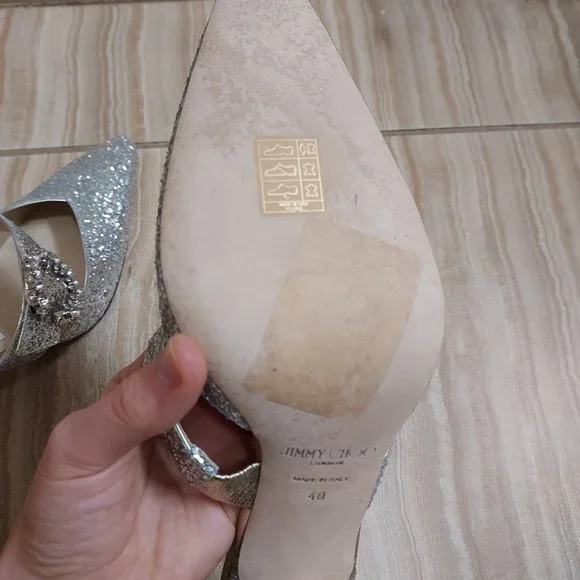 Jimmy Choo Silver Sparkle Glitter Wedding Crystal Buckle Marta Heel Mules - Picture 8 of 10